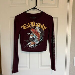 Ed Hardy Burgundy Long Sleeve Crop Top with Koi Graphic